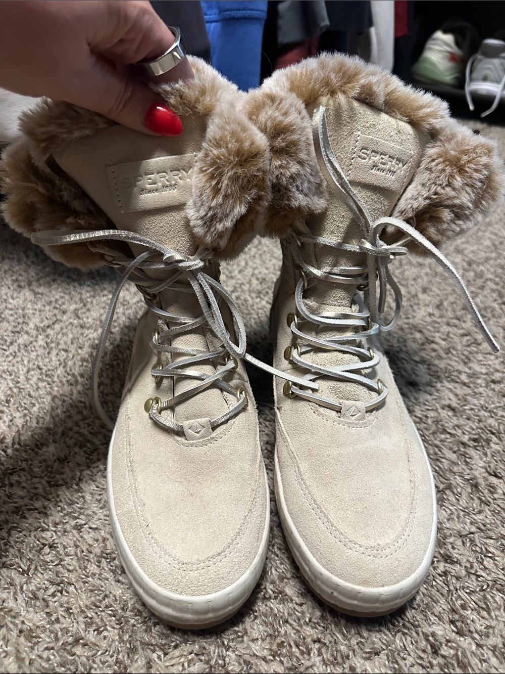 Sperry Women’s Cream Suede Fur-Trim Lace-Up Winter Boots